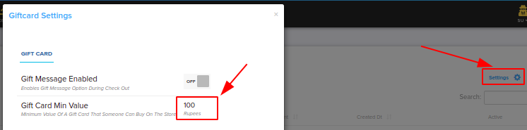 Gift card settings with the minimum value field