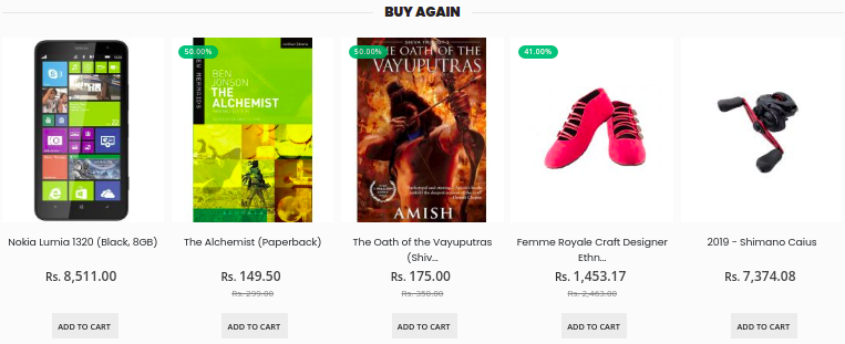 Previously bought products shown in the store