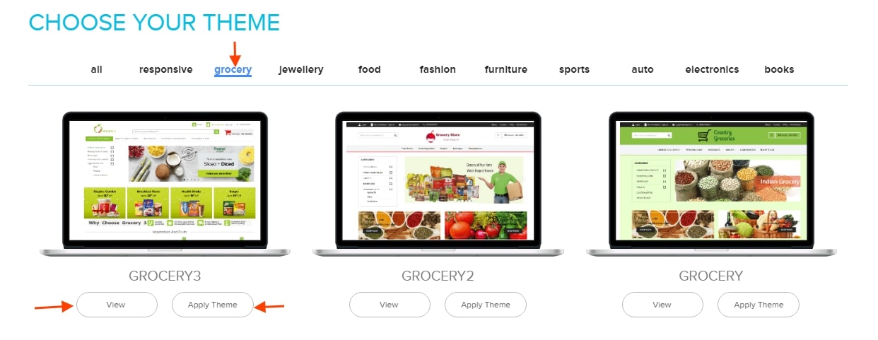 Theme tab showing Grocery themes with View and Apply Theme options