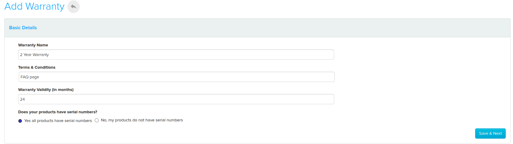 Add warranty form with name, terms and validity