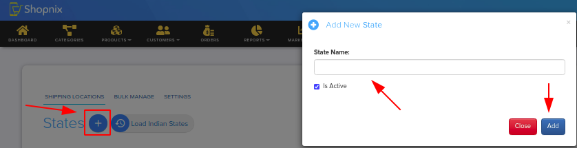 States page with the Load Indian States button and the form to add a state