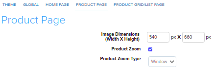 Product Page tab with Product Zoom and zoom type options