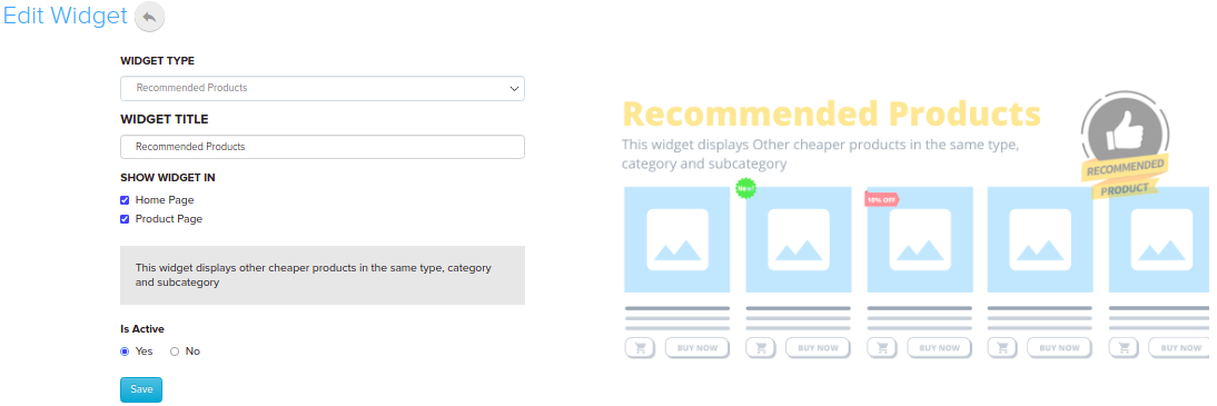 Recommended Product Widget settings with Show Widget In options