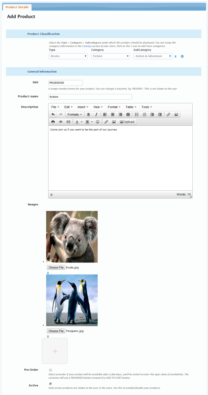 Add a Product form with Product Classification and General Information filled in