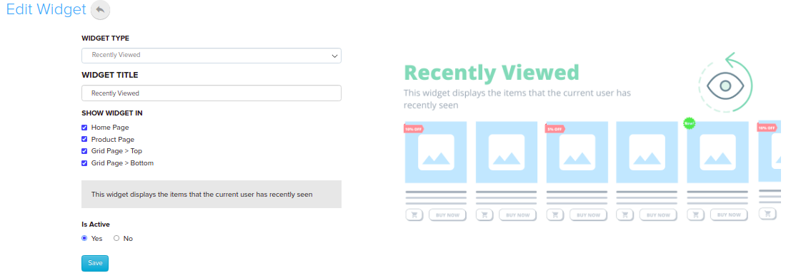 Recently Viewed widget settings with Show Widget In options