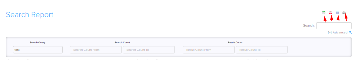 Excel, PDF, Mail and Print buttons on the search report