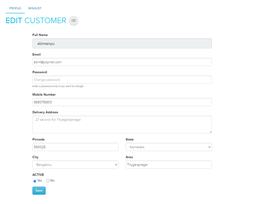 Edit customer details page
