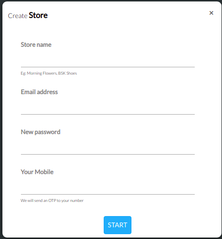 Create Store form with store name, email, password and mobile fields