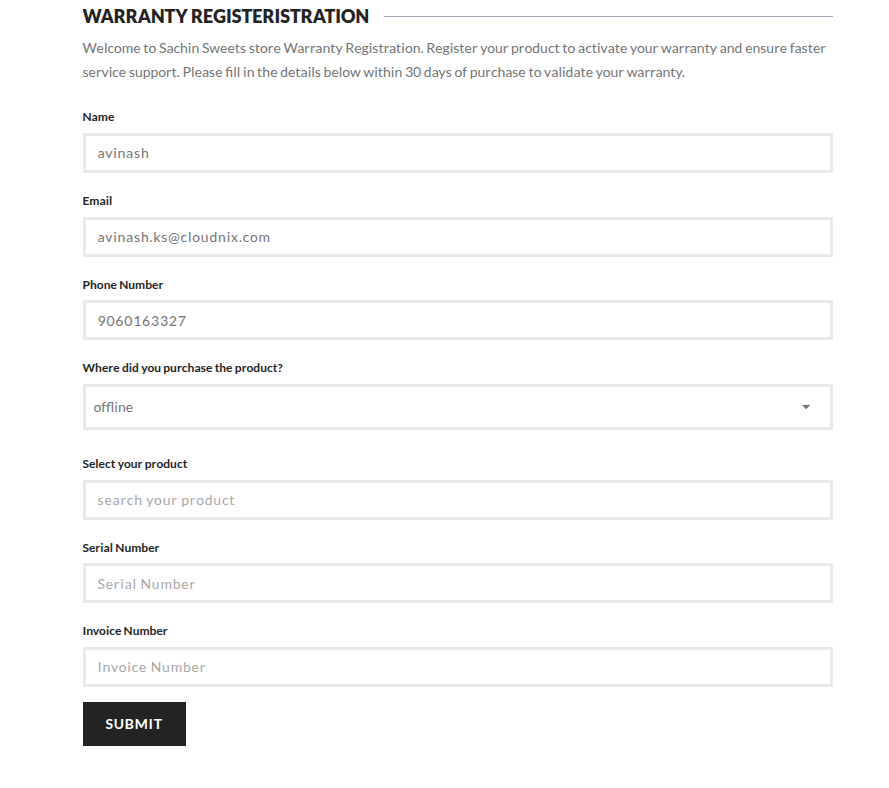 Register Product form in the store