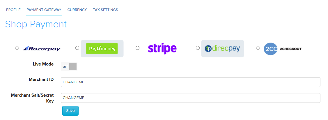 Payment Gateway tab in Shop Profile