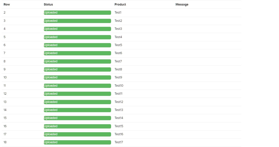 Upload results showing which products uploaded successfully