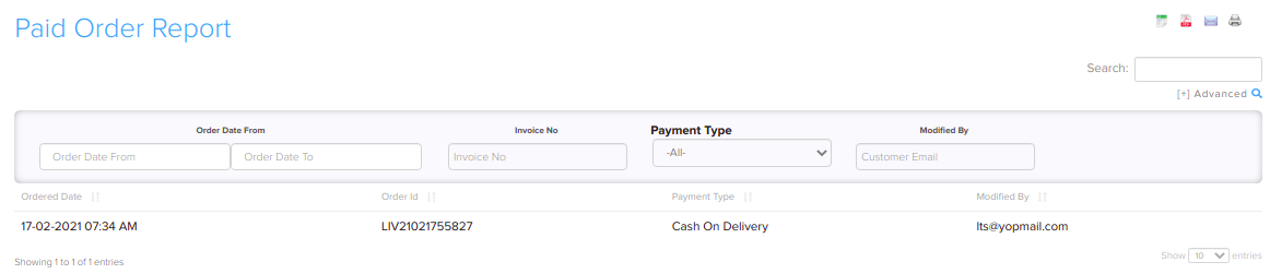 Paid order report showing a list of paid orders