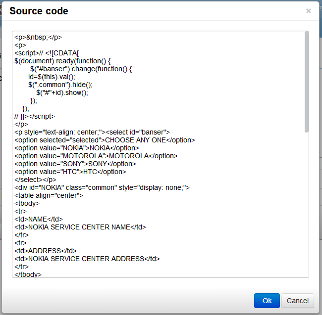 Source code window in the page editor