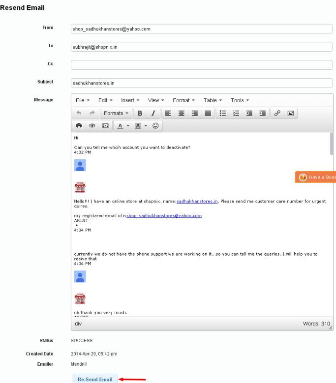 Email details page with the Resend Email button