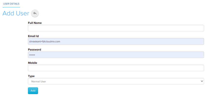 Add user form with name, email, password, mobile and type