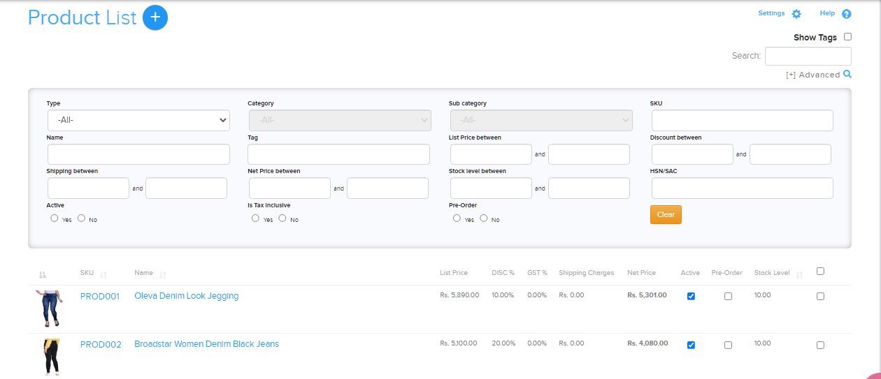 Manage Products page with the multi-edit option