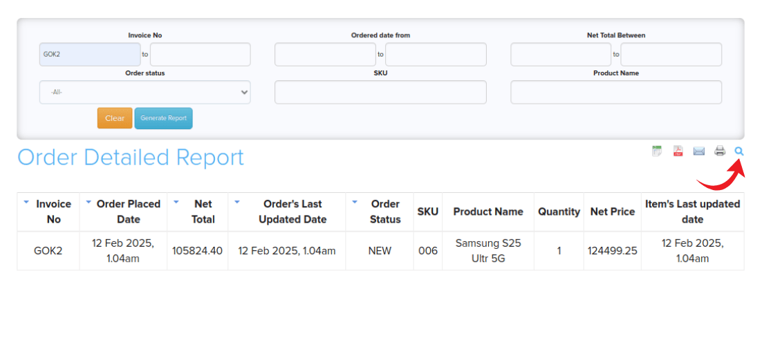Order detailed report filters