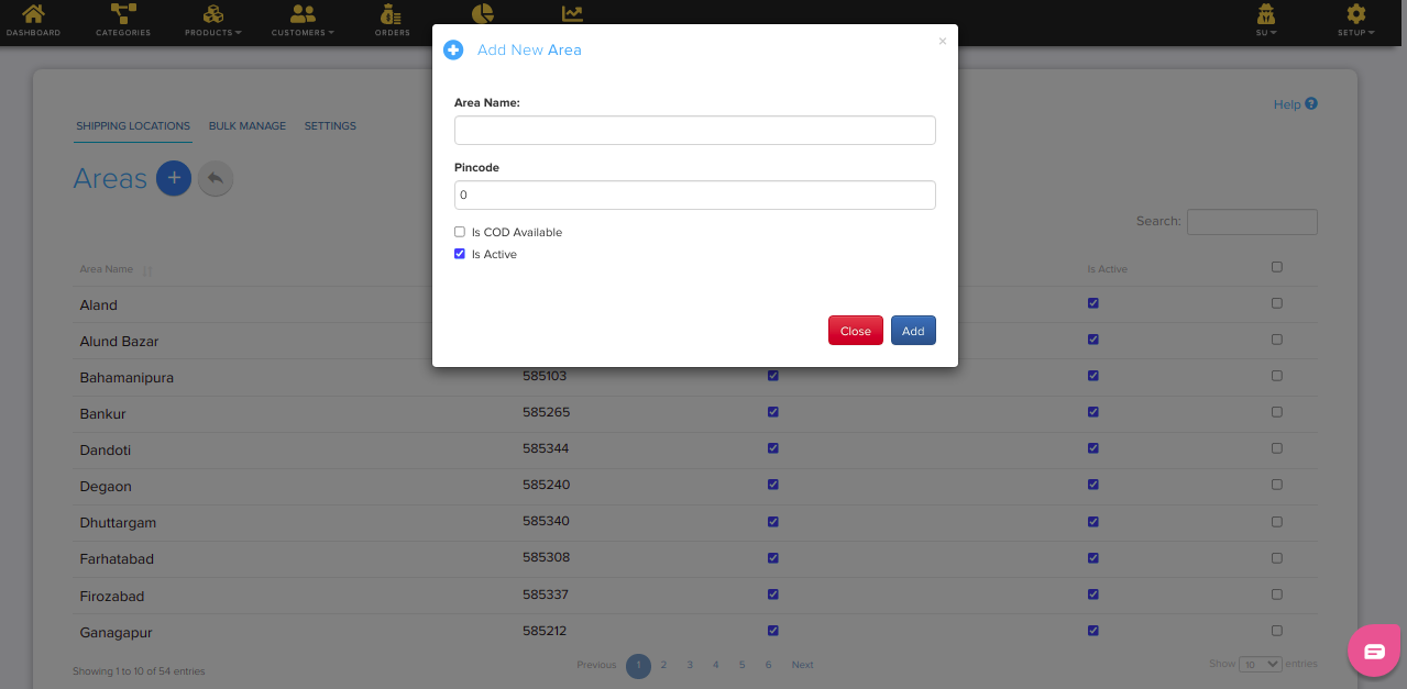 Area page with Area name and Pincode fields