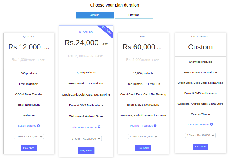 Plan selection page for upgrading your store