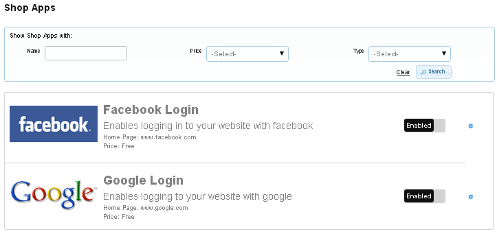 Shop apps list with Enable and Disable buttons for Facebook and Google