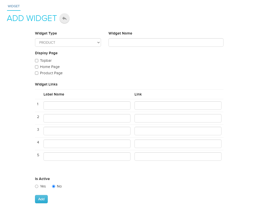 Add New Widget page with widget name, display page, label and link