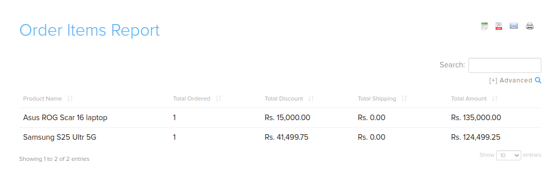 Order items report with advanced search filters