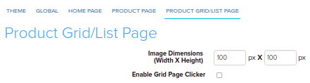 Product Grid/List Page tab with image width and height settings