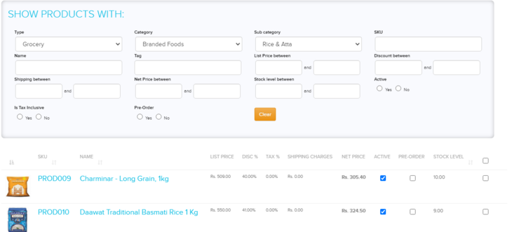 Manage Products page filtered by type, category and subcategory