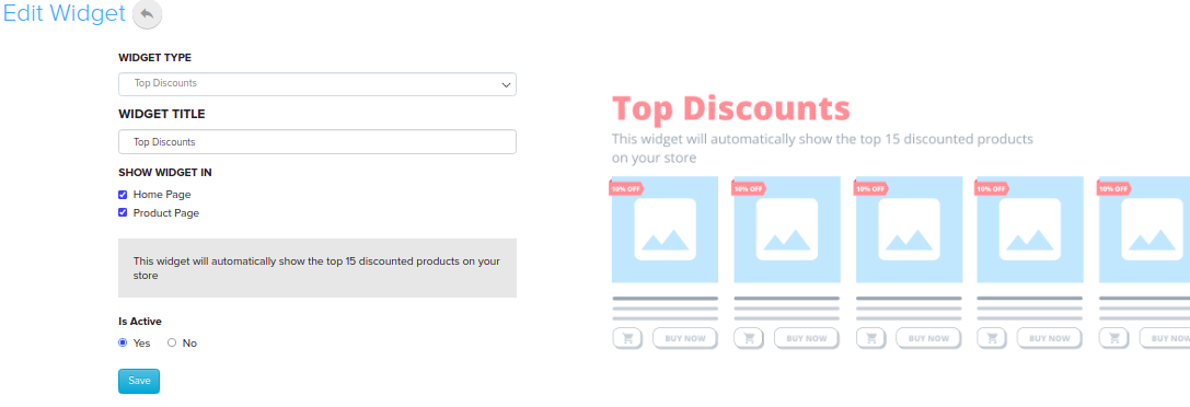 Top Discounts Widget settings with page options