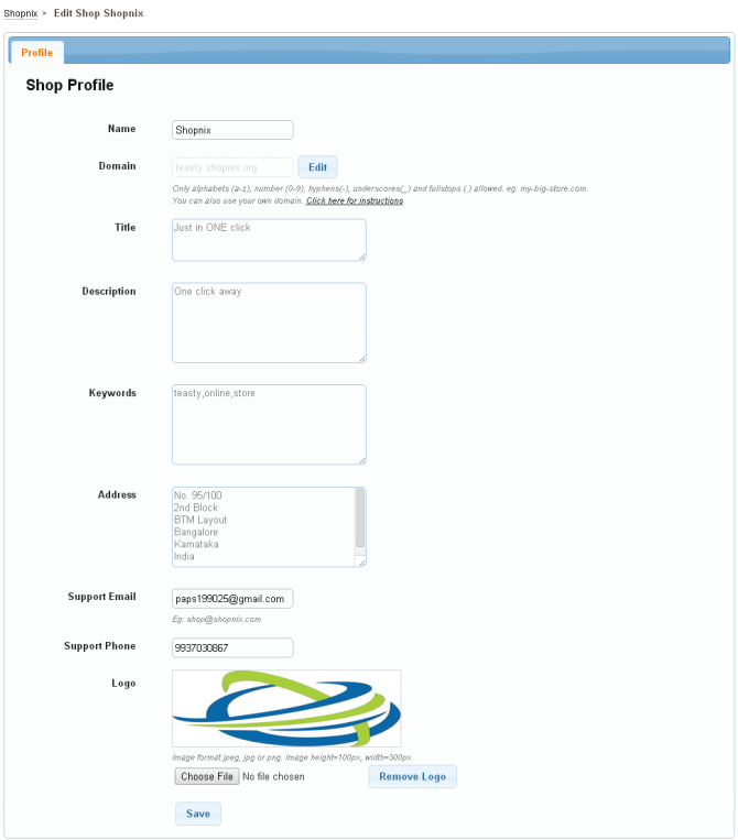 Shop Profile page in Store Manager