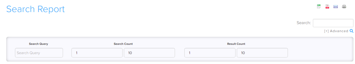 Search report showing search queries, counts and results