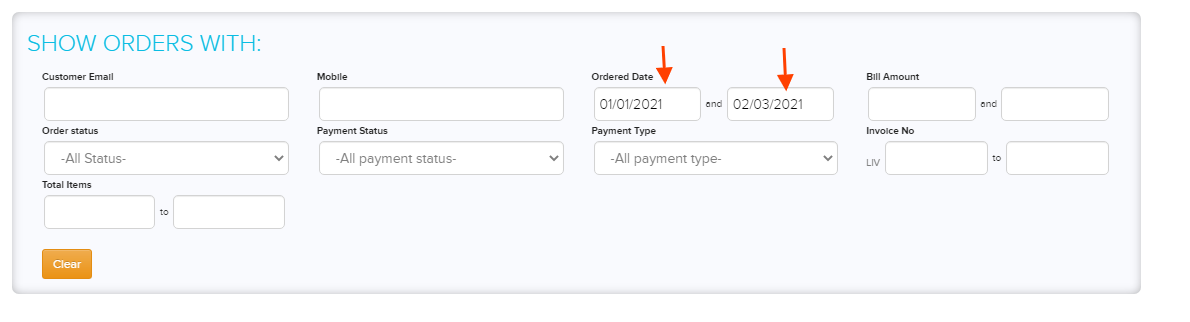 Show Orders with search options filled in with an ordered date range