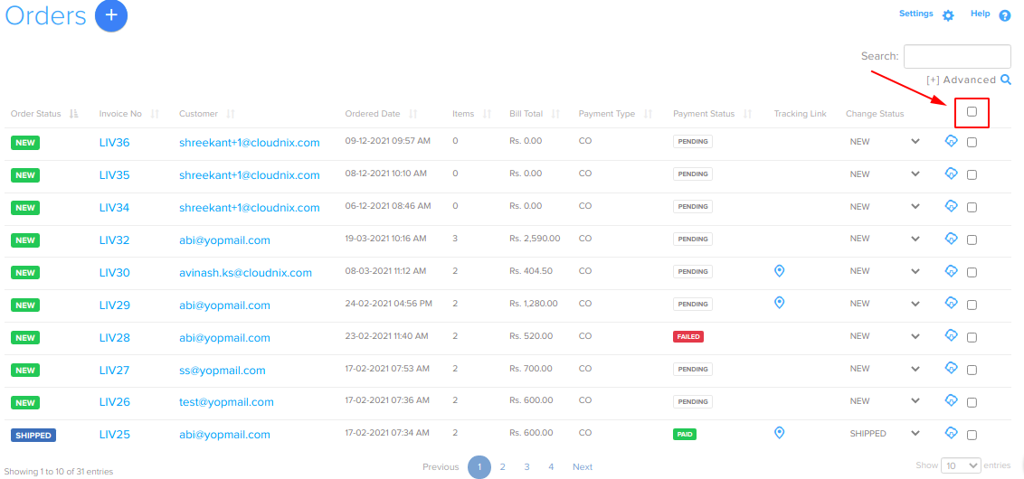 Orders list with the select-all box highlighted