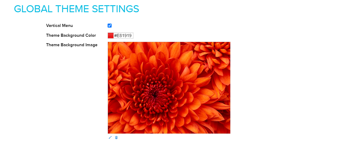 Global tab with background colour and image settings