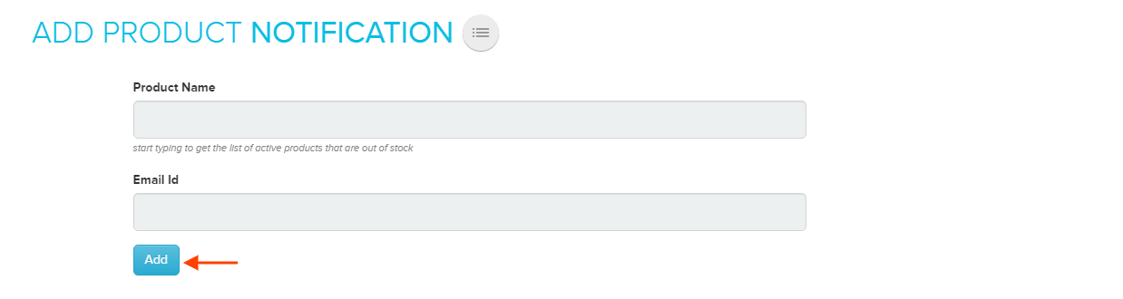 Add New Notification form with product name and email