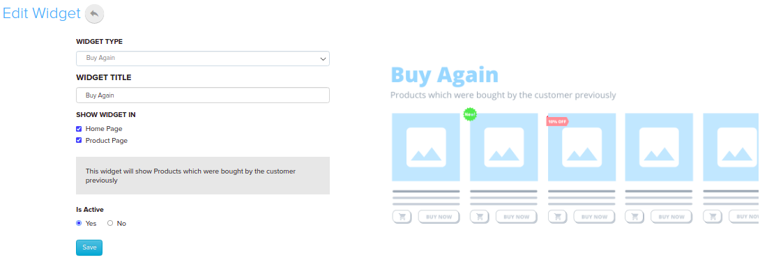 Buy Again Widget settings with Show Widget In options