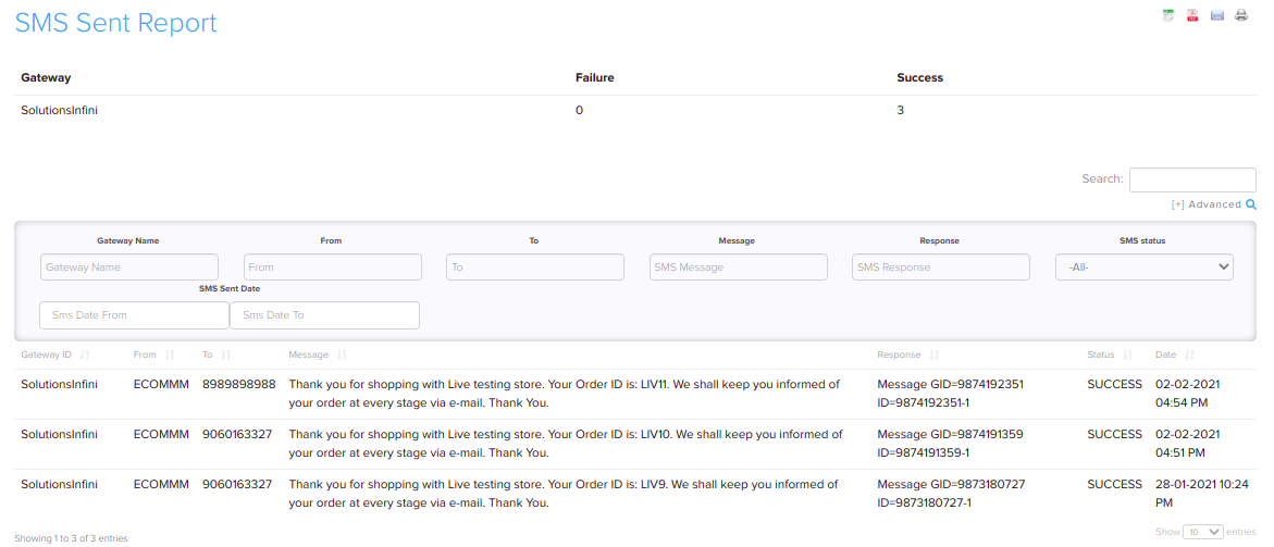 SMS Sent Report with search fields