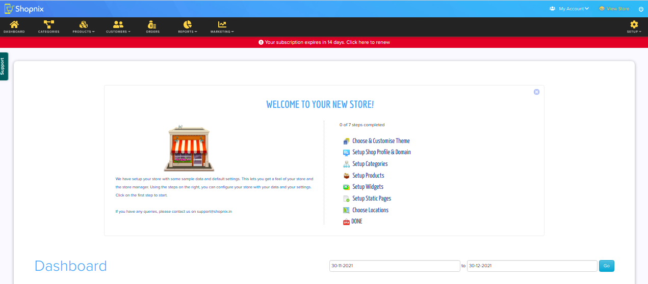 Store Manager dashboard after creating a new store
