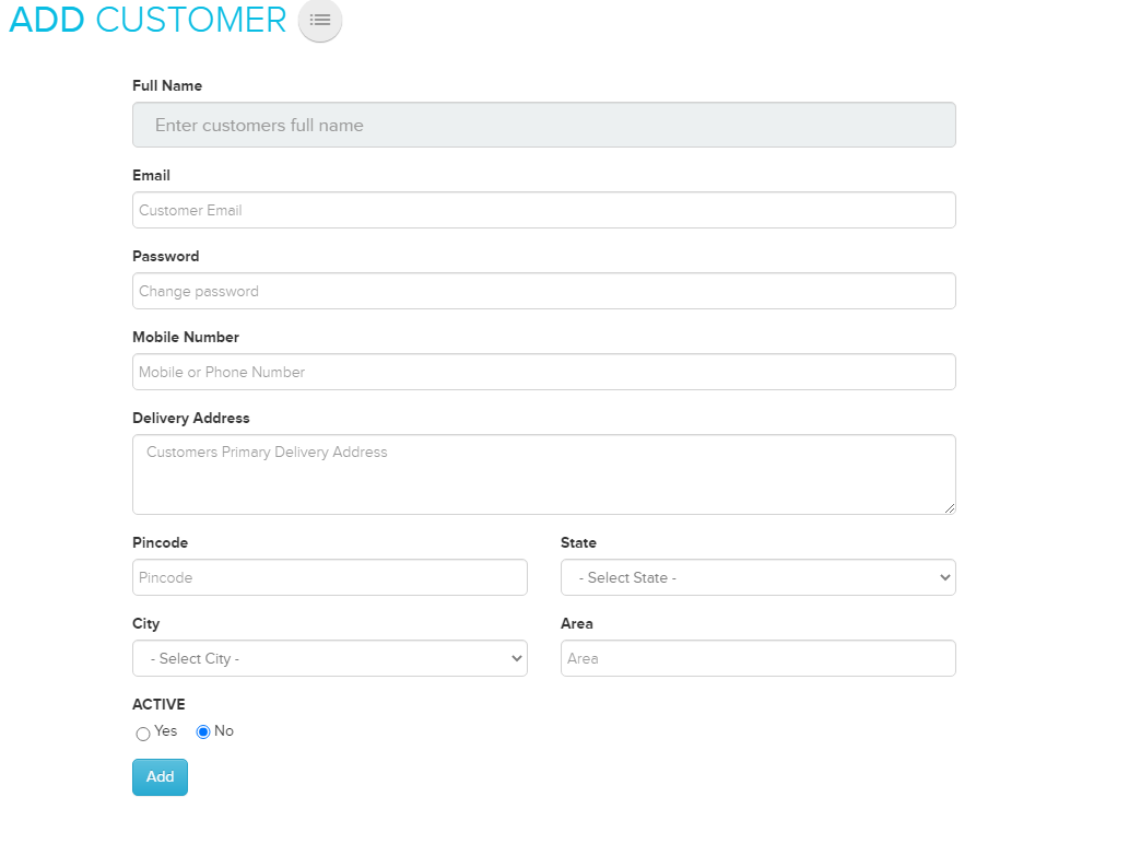 Add New Customer form