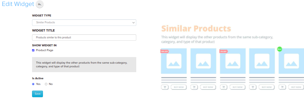 Similar Products Widget settings with Show Widget In options