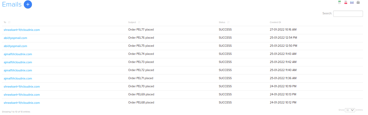 Sent Emails list with filter options