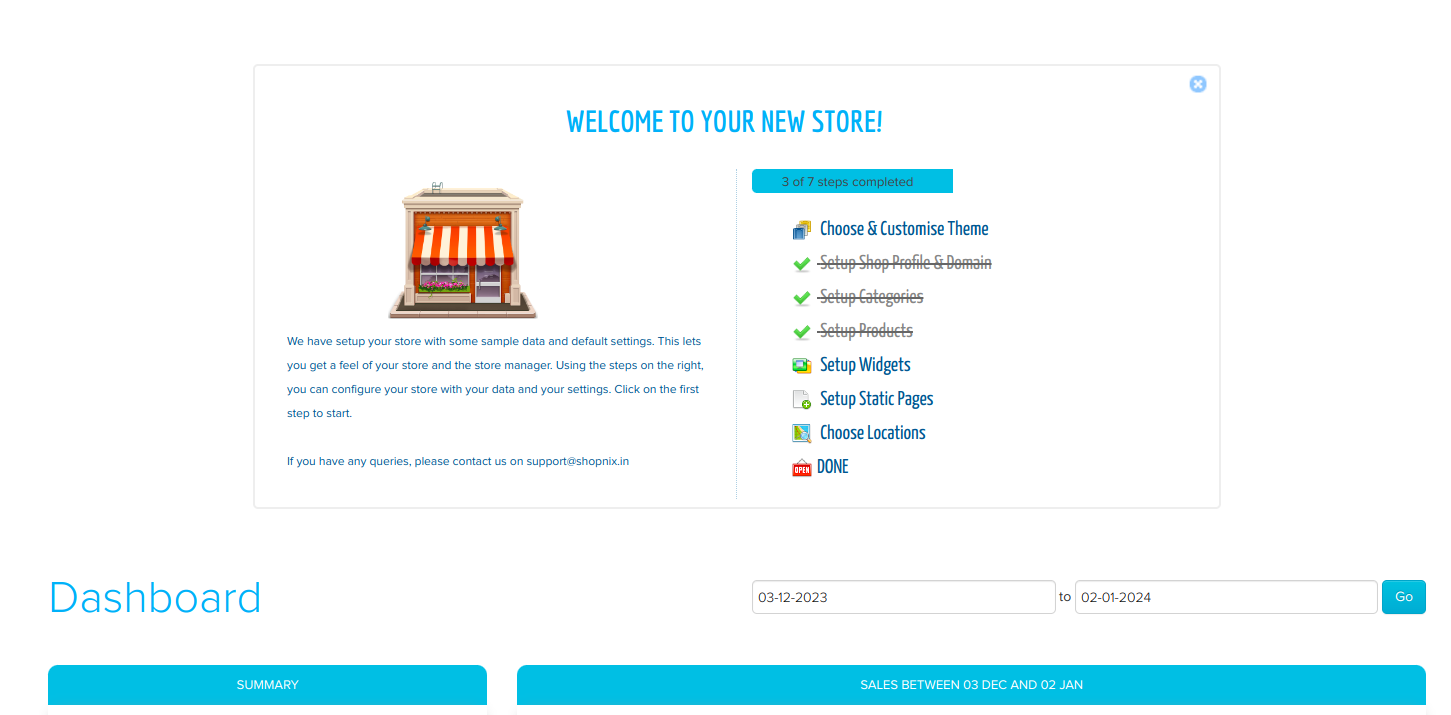 Store Manager dashboard after finishing the onboarding wizard