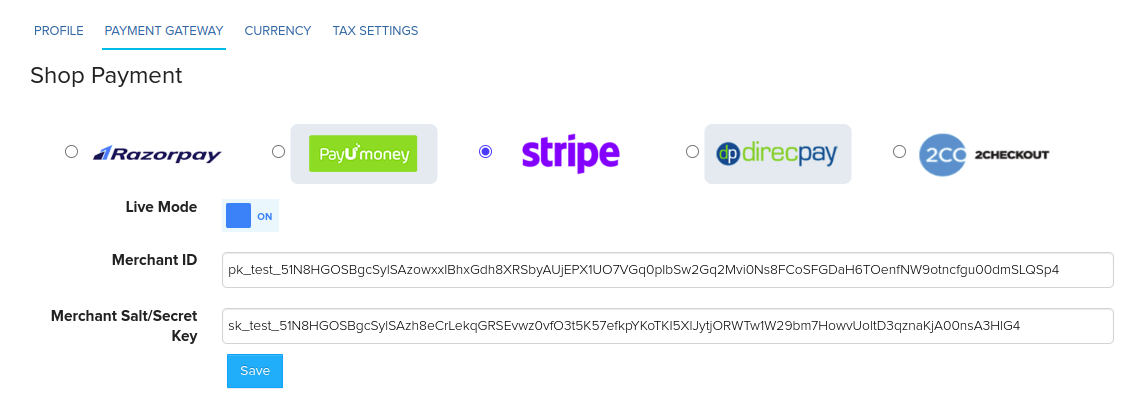 Payment Gateway tab with a radio button for each gateway
