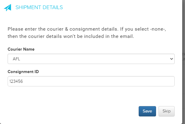 Pop-up asking for Courier Name and Consignment ID when marking an order as shipped