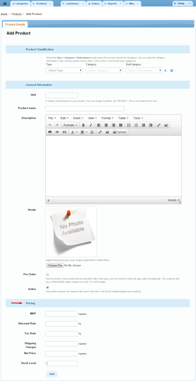 Pricing section of the Add a Product form