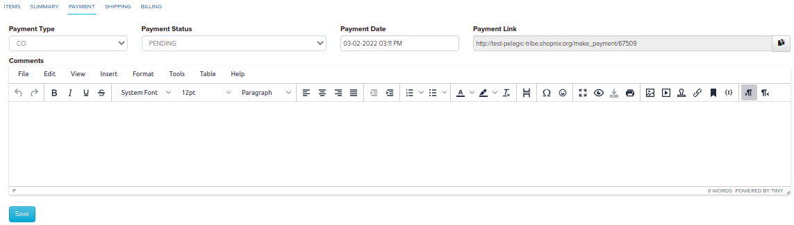 Payment tab of an order showing the Payment Link field