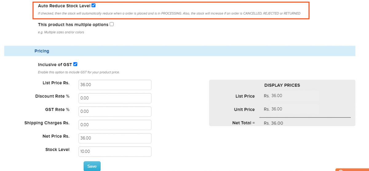 Auto Reduce Stock Level option on the product page