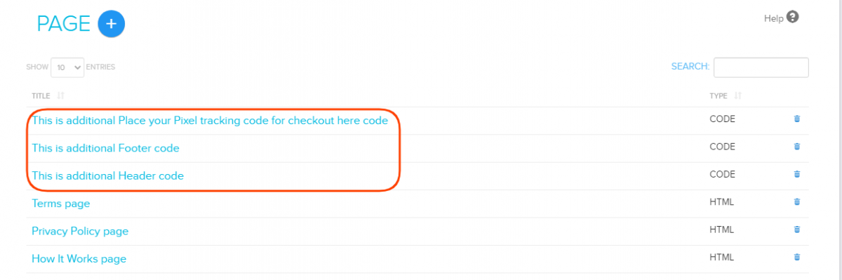 Pages list showing the Header and Footer pages