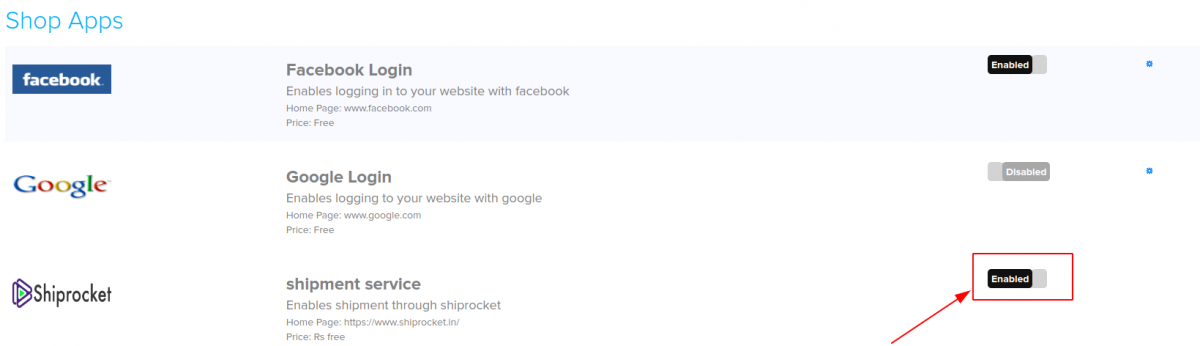 Apps page with the Shiprocket option