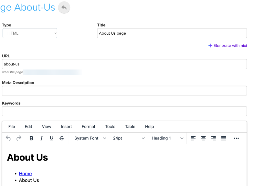 Store Manager page editor for an About Us page, with title, URL, meta description, a rich-text editor and a Generate with nixi button